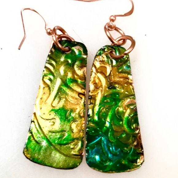 Rustic Little  Green Blue Textured Solid Copper Earrings Brutalist Abstract Boho - Picture 2 of 8